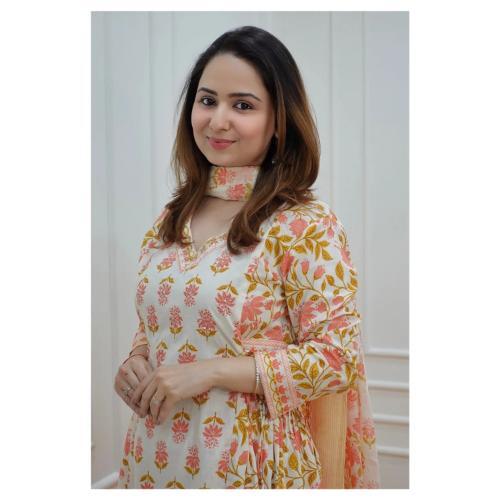 ORANGE COTTON PRINTED KURTA, AFGHANI PANT