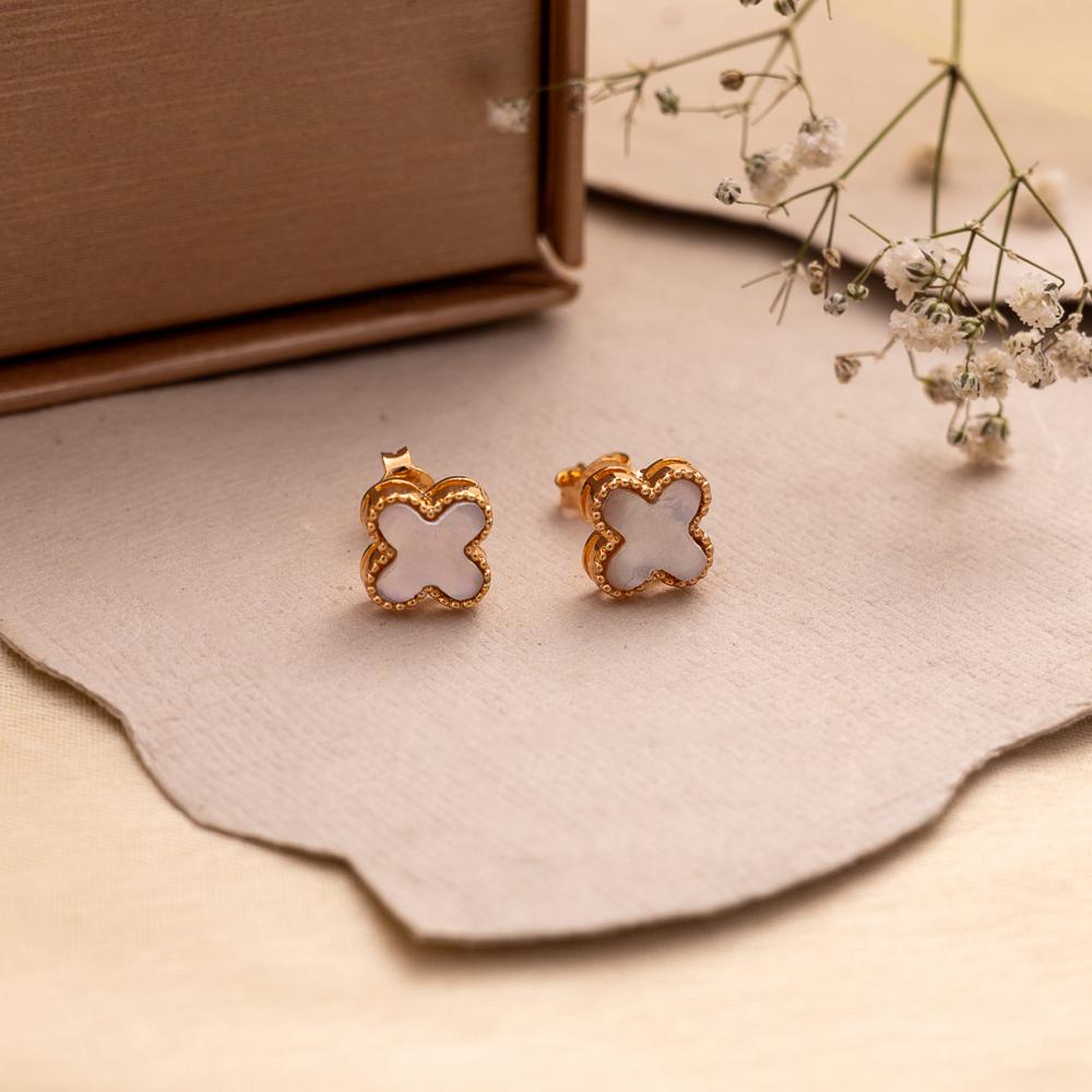 Earring 10 - Nickel-Free Silver Alloy Studs, 2.5 cm, Gold Pink Green White | Geometric Floral, Synthetic Stones, Push Back Closure