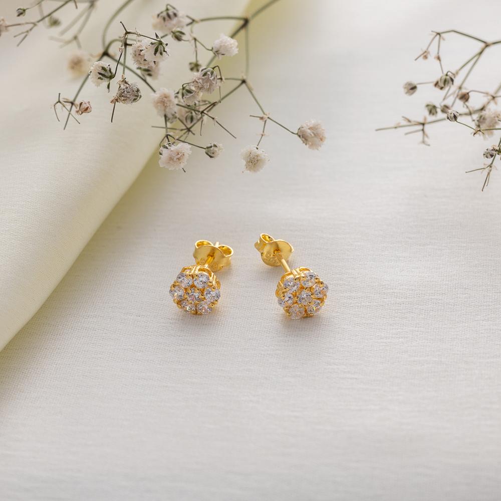 Earring 15 - Metal Alloy Floral Studs 2.5cm, Pink White Golden Enamel, Rhinestone Accents, Hypoallergenic Nickel-Free