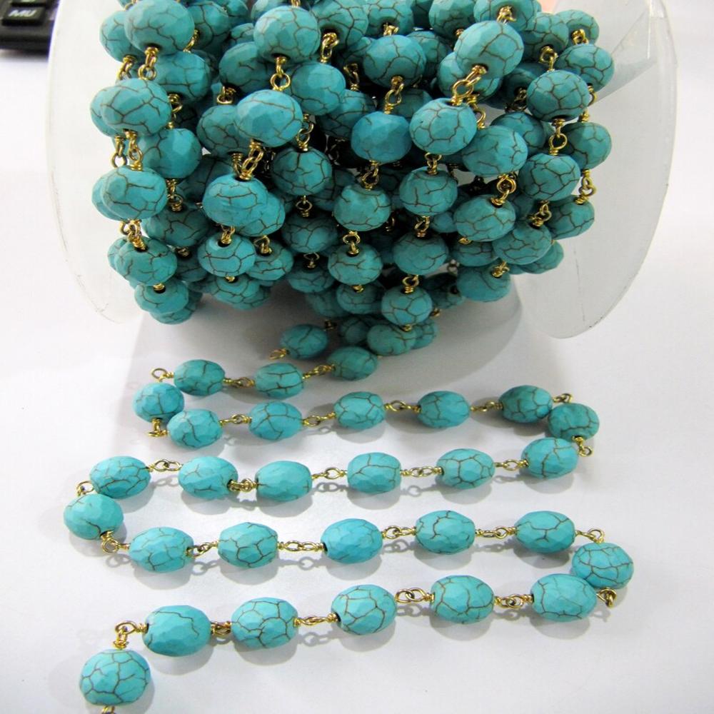 Turquoise Round Faceted 10mm Rosary Chain Handmade Chain Sold Per Feet - Color: Blue