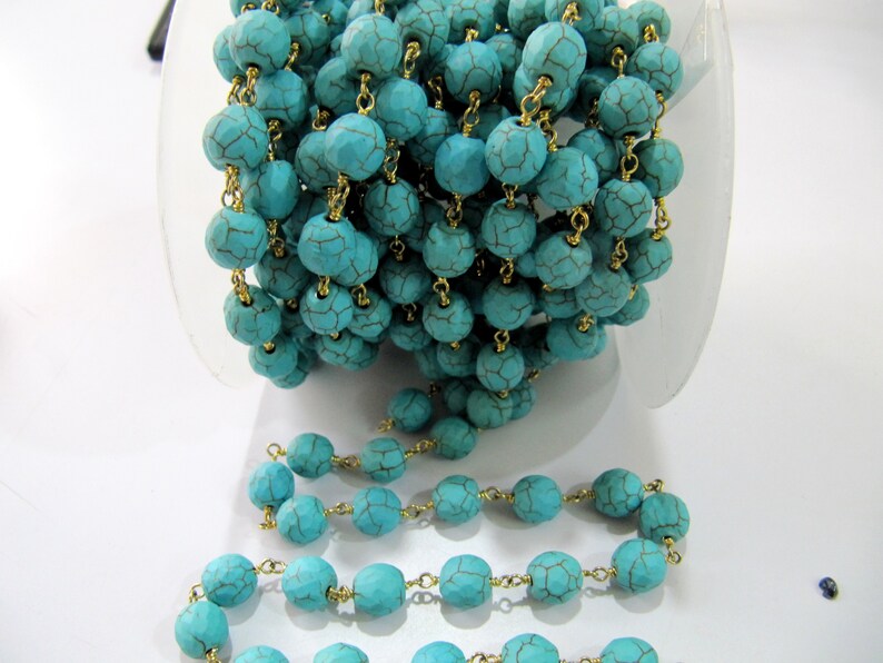 Turquoise Round faceted 10mm Rosary Chain Handmade Chain Sold Per feet