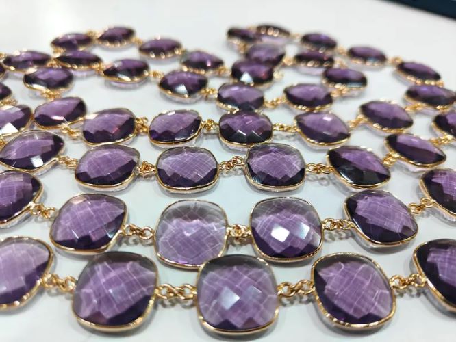 Amethyst Quartz Briolette Faceted Size 19mm Cushion Square Shape Bezel Connector chain Sold Per Foot