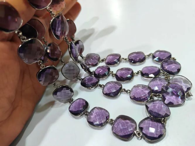 Amethyst Quartz Briolette Faceted Size 19mm Cushion Square Shape Bezel Connector chain Sold Per Foot