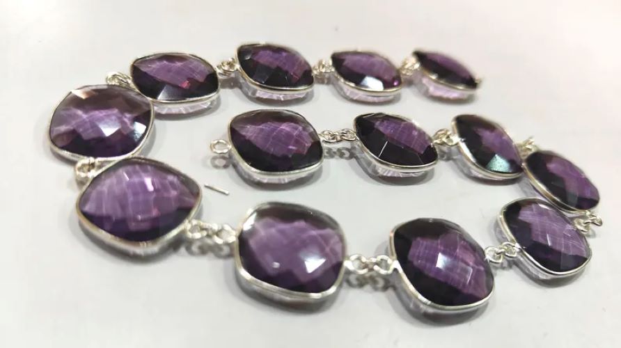 Amethyst Quartz Briolette Faceted Size 19mm Cushion Square Shape Bezel Connector chain Sold Per Foot