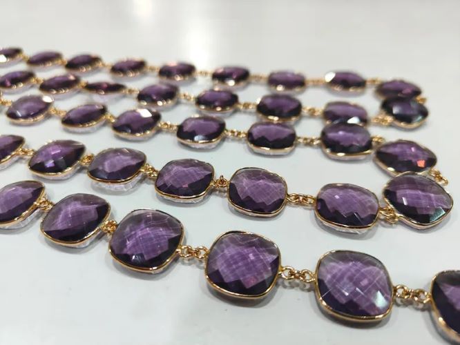 Amethyst Quartz Briolette Faceted Size 19mm Cushion Square Shape Bezel Connector chain Sold Per Foot