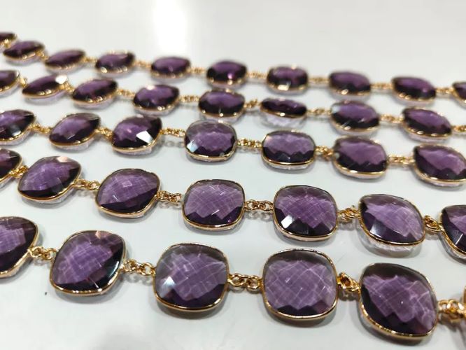 Amethyst Quartz Briolette Faceted Size 19mm Cushion Square Shape Bezel Connector chain Sold Per Foot