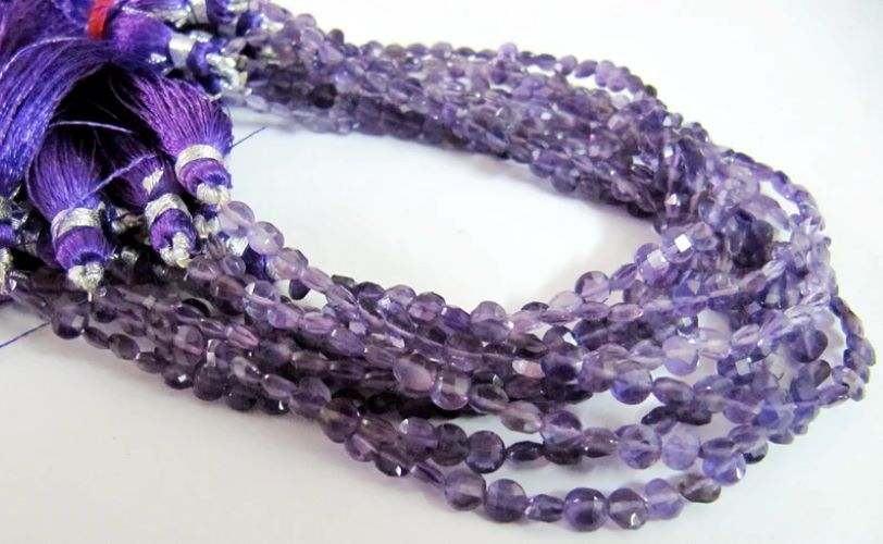 Natural Amethyst Faceted Coin shape briolette 6mm Beads sold per Strand 8 Inch Long African Amethyst Gemstone Purple beads