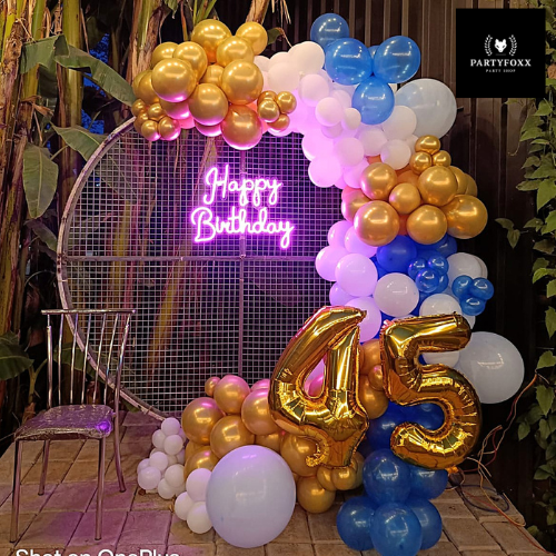 Bold Blue, White, Gold Balloon Ring Backdrop for 45th Birthday Celebrations