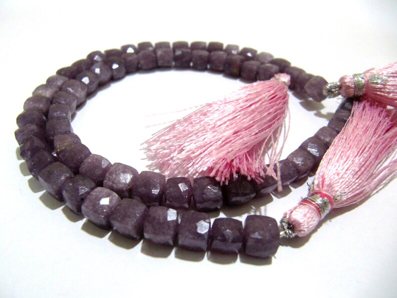 Natural Lepidolite 3D cube shape Briolette 6mm to 8mm beads sold per strand 8 inches long Box Shape Gemstone Untreated Beads
