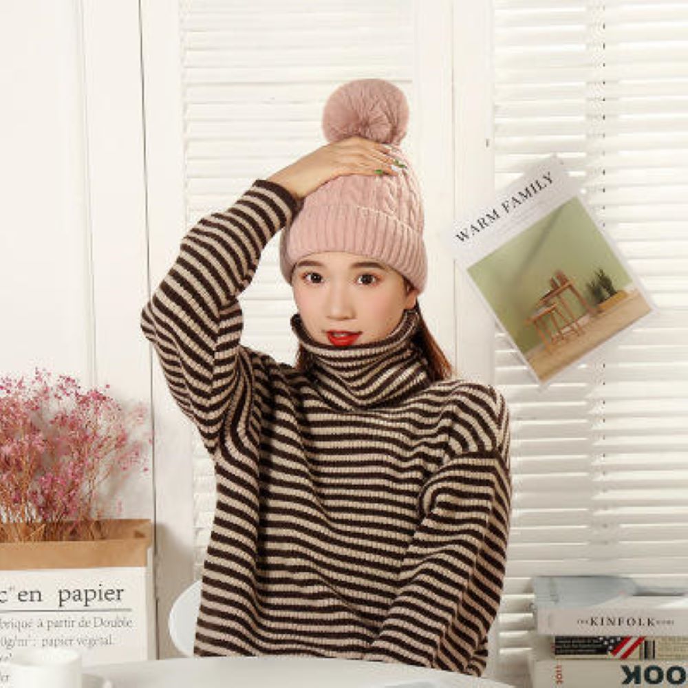 Knitted Winter Beanie Hats With Faux Fur Pom Pom