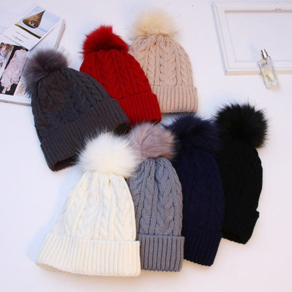 Knitted Winter Beanie Hats With Faux Fur Pom Pom