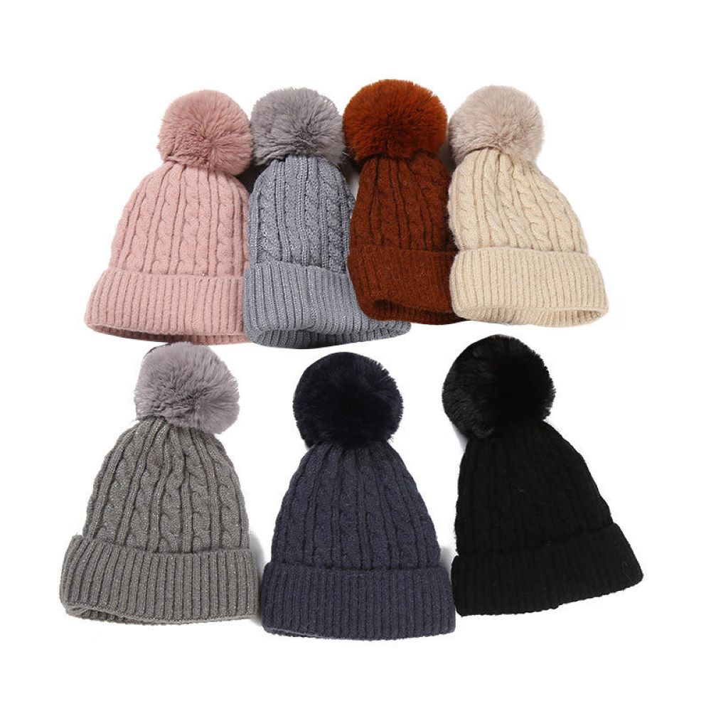 Knitted Winter Beanie Hats With Faux Fur Pom Pom