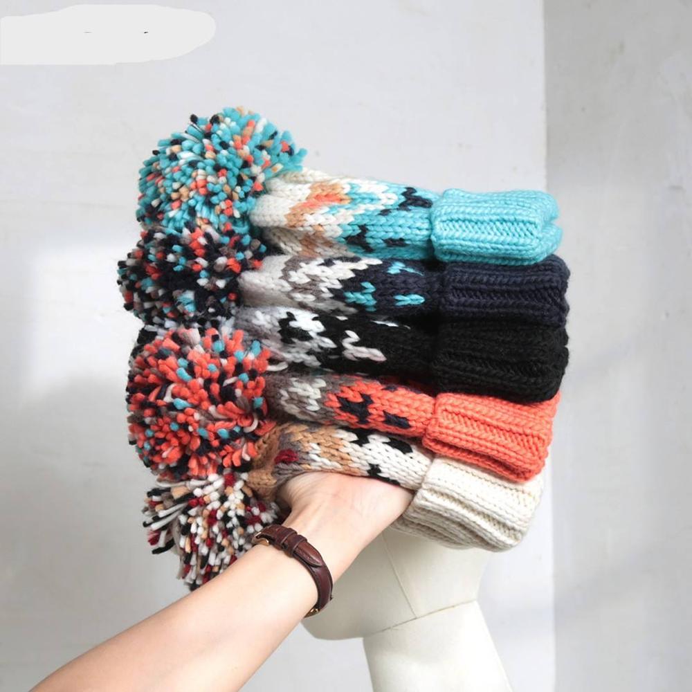 Jacquard Pom Pom Knitted Thick Rope Warm Vintage Hat