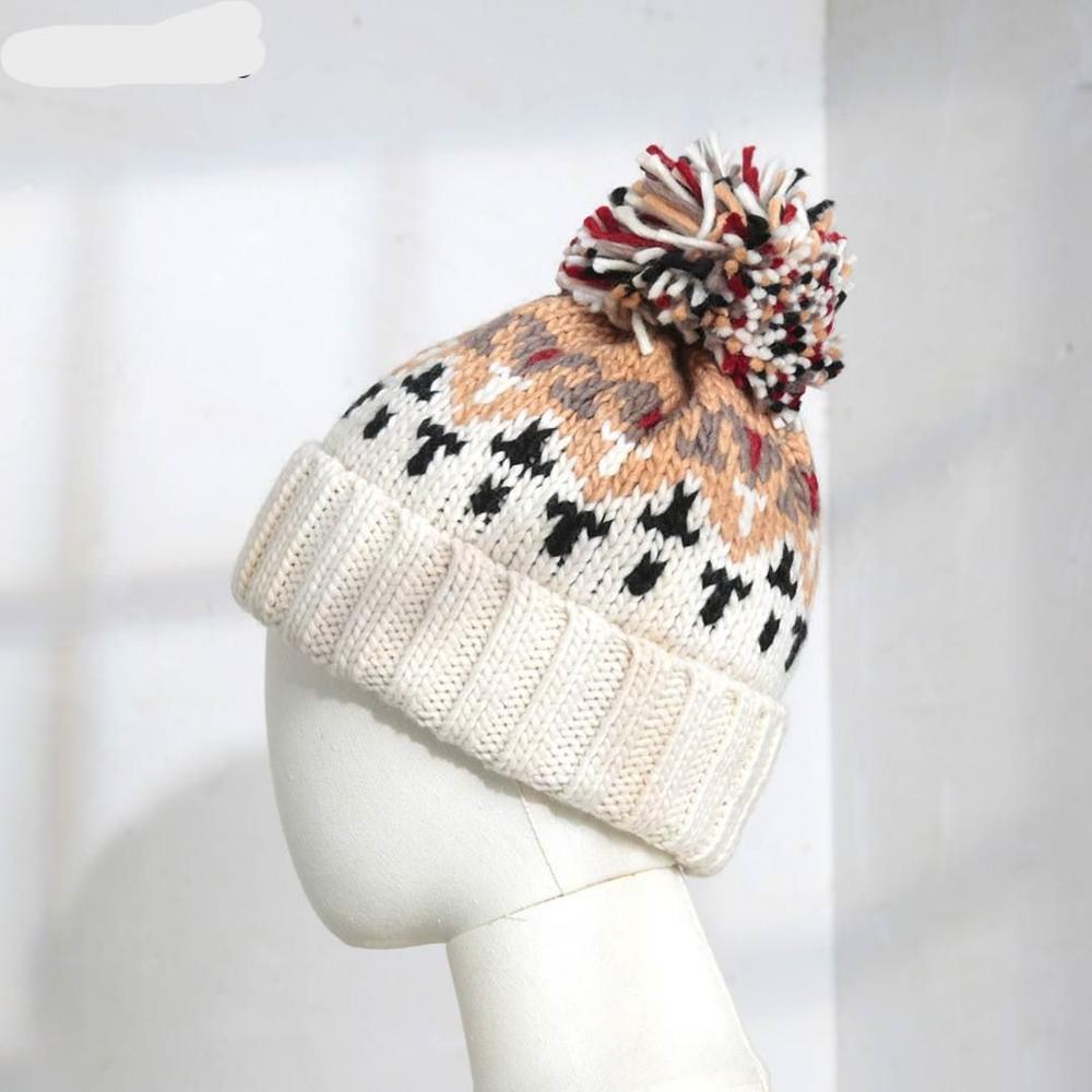 Jacquard Pom Pom Knitted Thick Rope Warm Vintage Hat