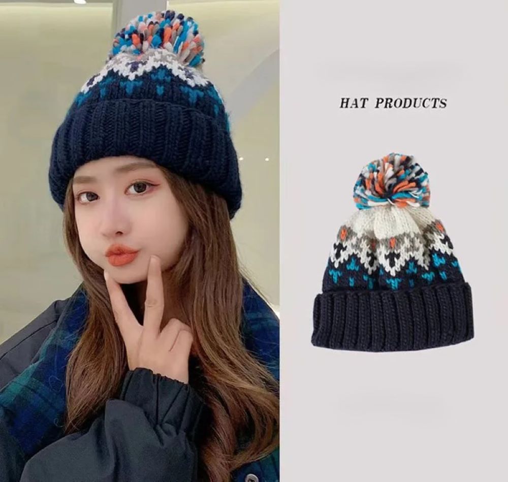 Jacquard Pom Pom Knitted Thick Rope Warm Vintage Hat