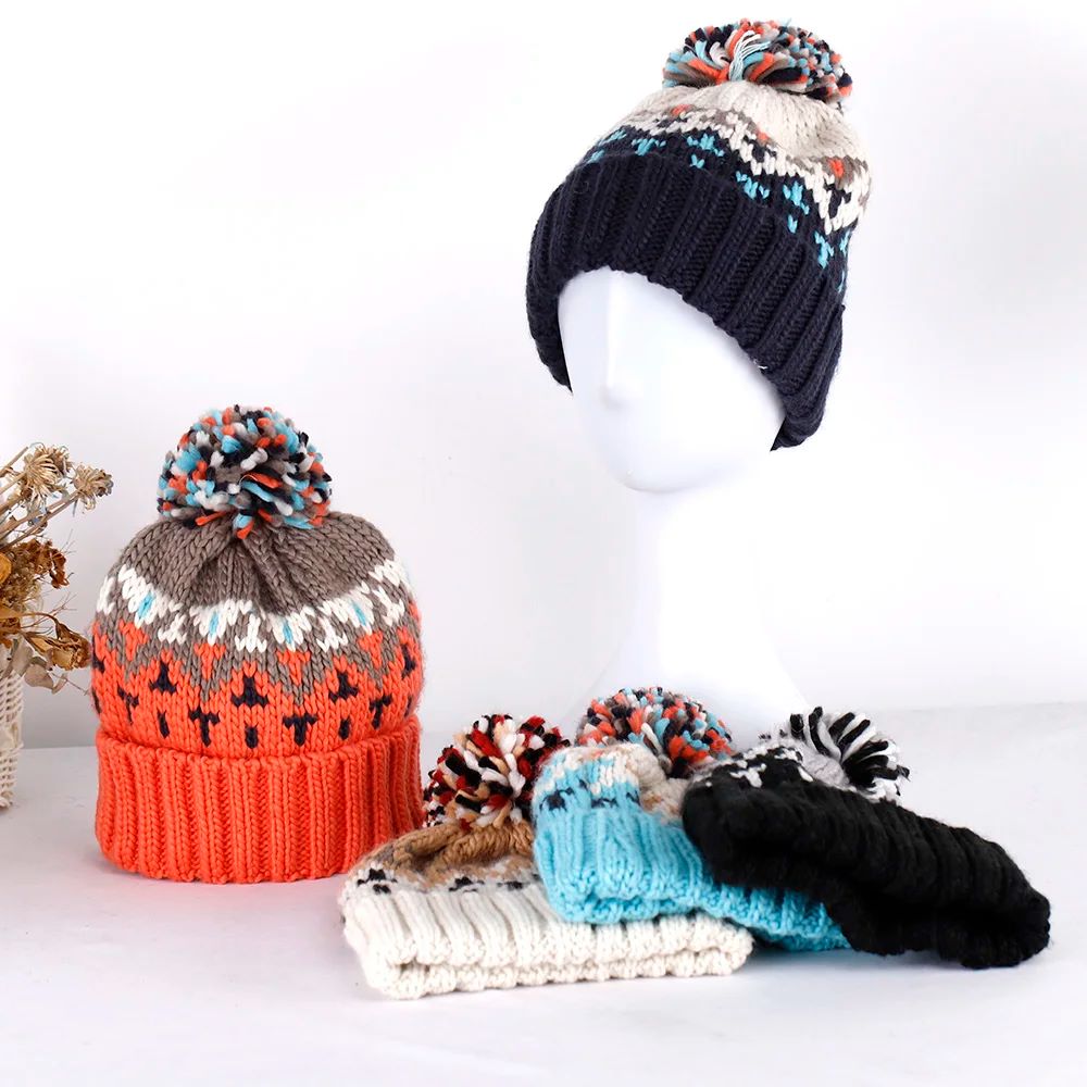 Jacquard Pom Pom Knitted Thick Rope Warm Vintage Hat