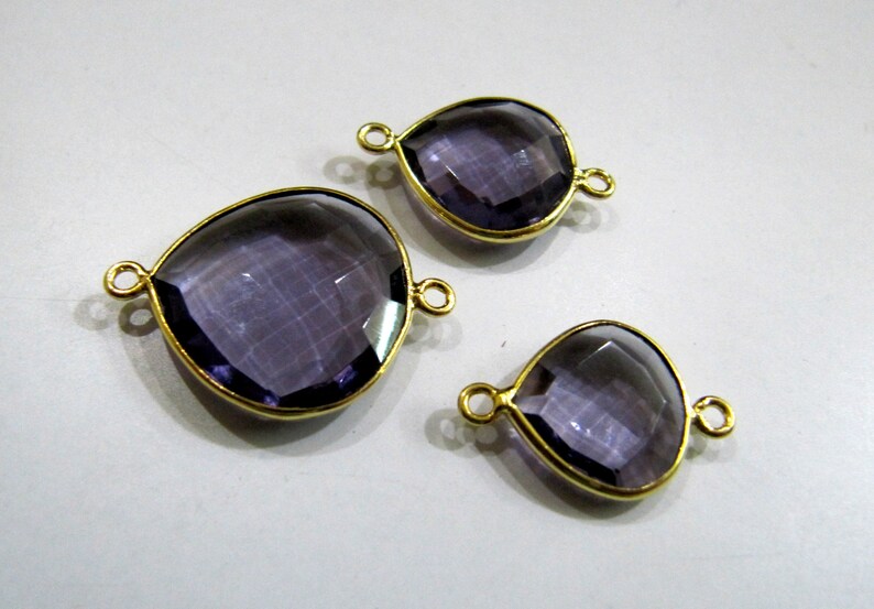 Amethyst Quartz Heart Shape Briolette Double Loop Bezel Connectors Charms Choose The Size and Plating color Wholesale price sold per piece