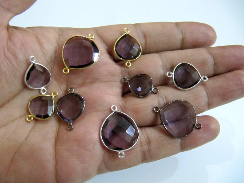 Amethyst Quartz Heart Shape Briolette Double Loop Bezel Connectors Charms Choose The Size and Plating color Wholesale price sold per piece