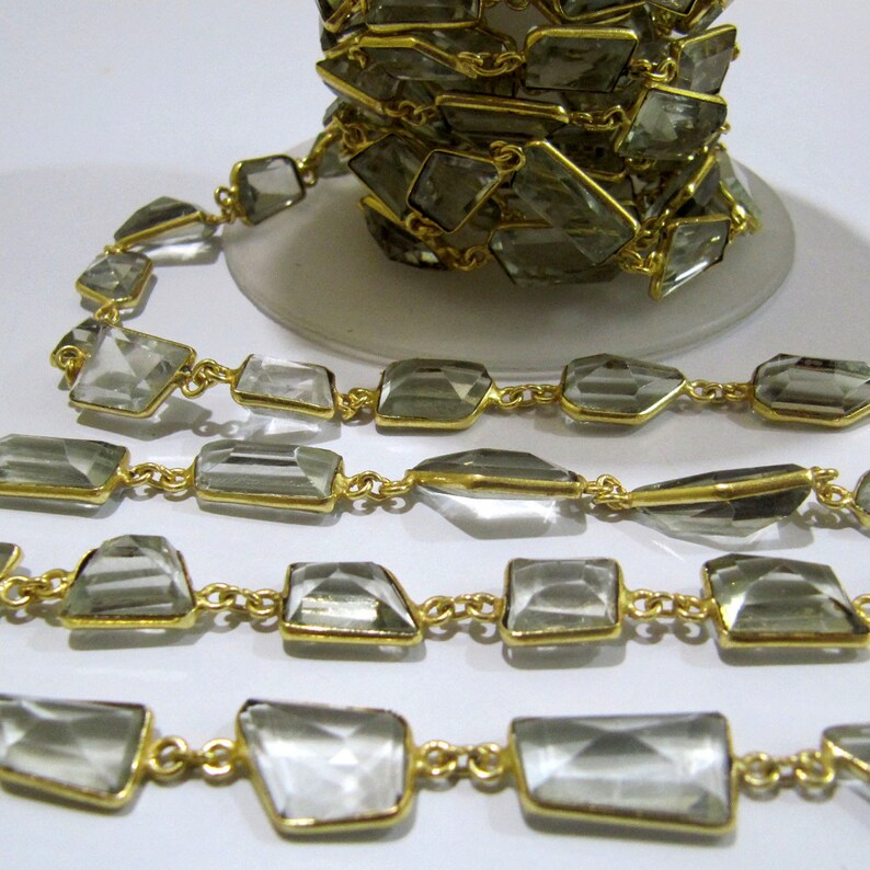 Natural Green Amethyst Free Shape Laser Cut 10-12 mm Connector Bezel Chain Gold Sold Per Foot