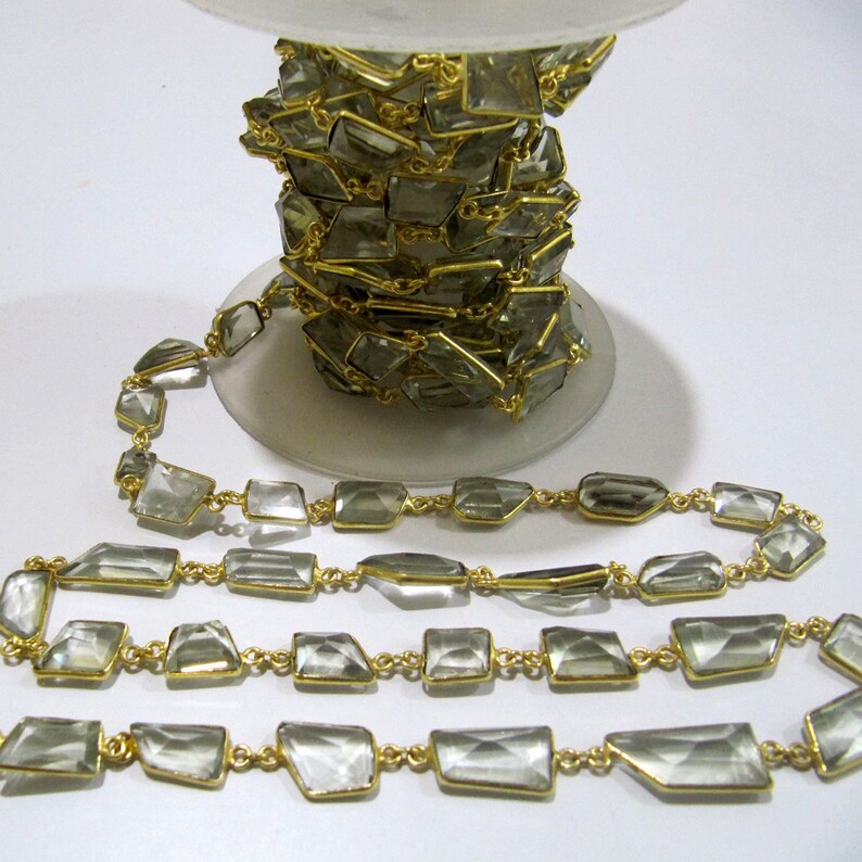 Natural Green Amethyst Free Shape Laser Cut 10-12 mm Connector Bezel Chain Gold Sold Per Foot High Quality Wholesale Prices Jewelry chain