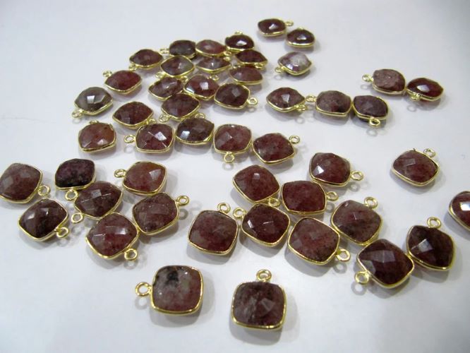 Natural Gemstone Cushion Square shape Centre loop Bezel Connectors Gold Plated 10mm Charms for jewellery making sold per piece