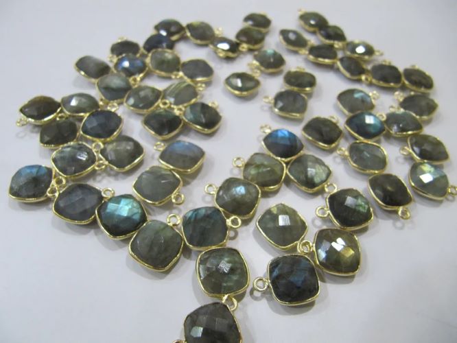 Natural Gemstone Cushion Square shape Centre loop Bezel Connectors Gold Plated 10mm Charms for jewellery making sold per piece