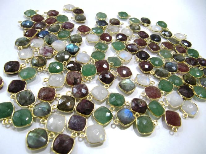 Natural Gemstone Cushion Square shape Centre loop Bezel Connectors Gold Plated 10mm Charms for jewellery making sold per piece
