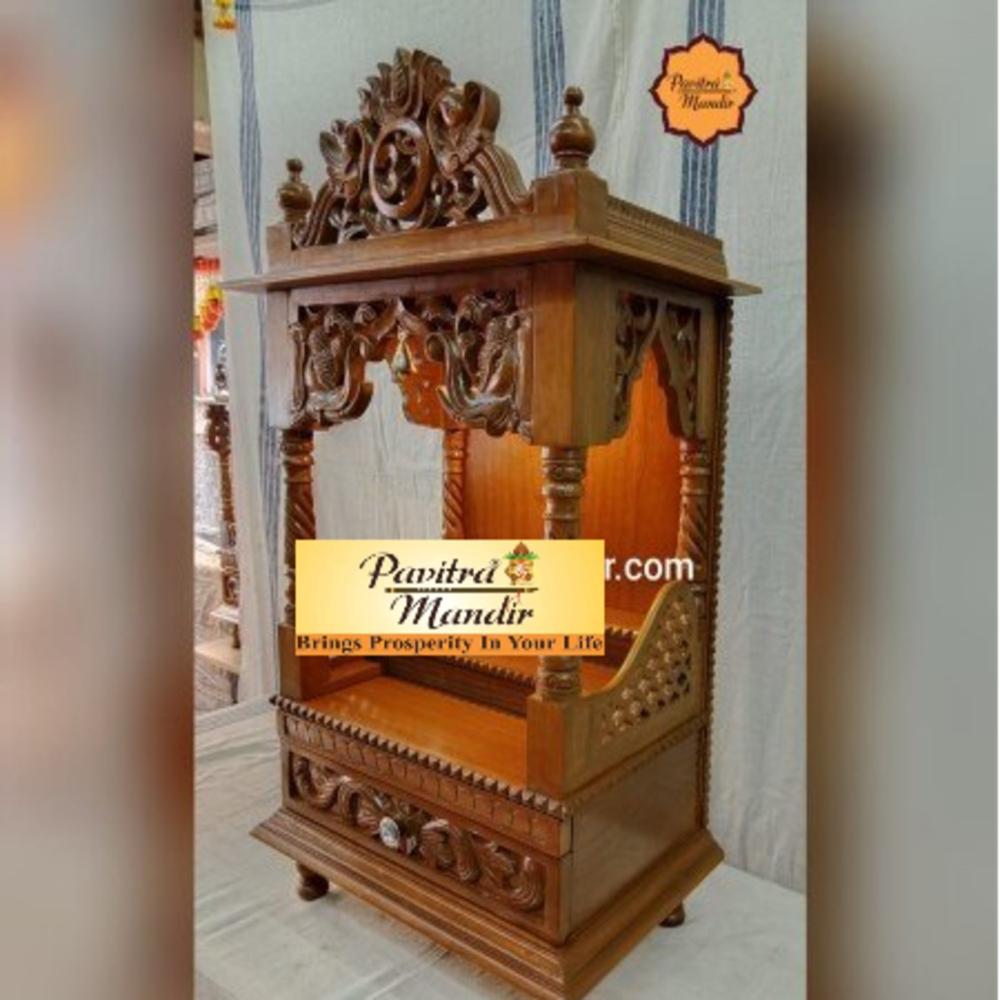 18 x 14 x 33 Burma Teakwood Carving Temple (Natural Polish) (Full Carving Design)