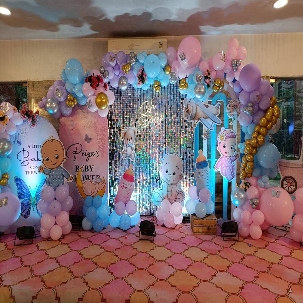 Baby Shower Decoration with Silver Shimmer Backdrop