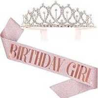 Happy Bday Girl Sash & Crown - Satin Sash 33 Inches, Alloy Metal Tiara 5.5 Inches, Pink & Silver, Lightweight Adjustable Set