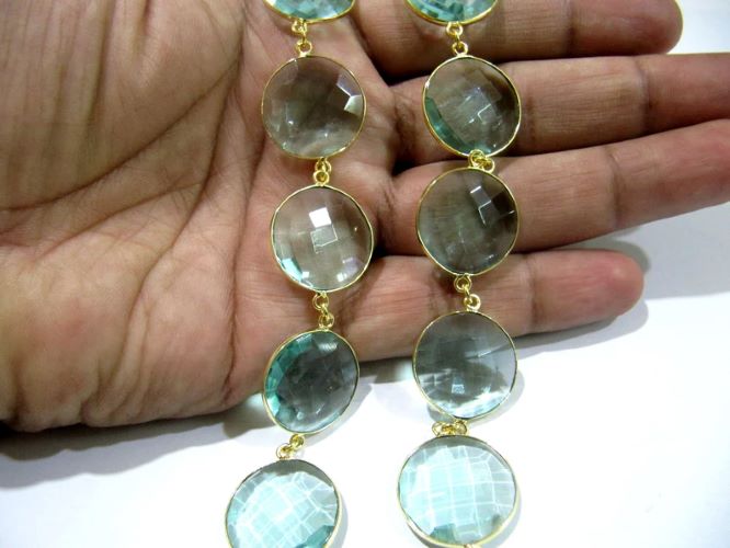 Green Amethyst Quartz Briolette Faceted Round Coin Shape 20mm Bezel Connector Link Chain Sold Per Fooot