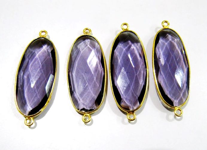 2 Pcs Set Amethyst Oval Shape 14x30mm Briolette Connectors Hydro Quartz Amethyst Double Loop Bezel Charms