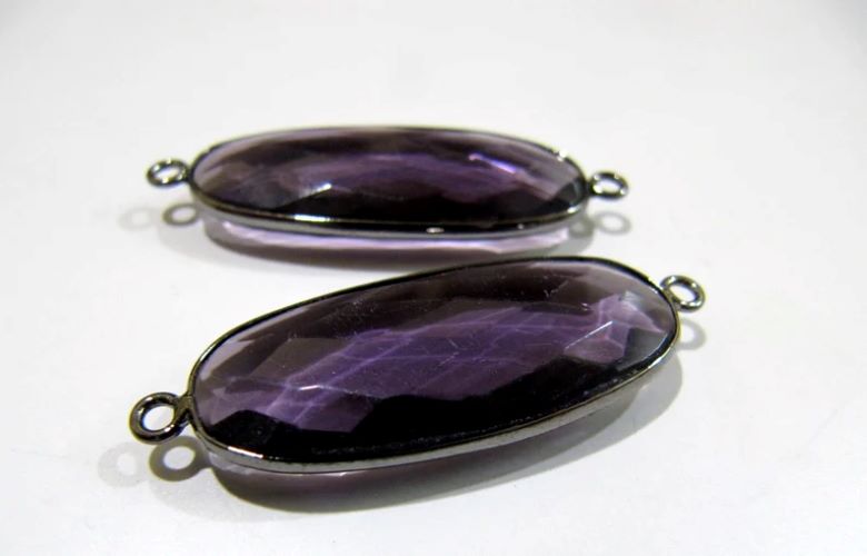 2 Pcs Set Amethyst Oval Shape 14x30mm Briolette Connectors Hydro Quartz Amethyst Double Loop Bezel Charms 
