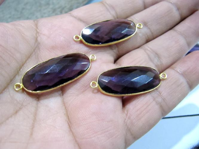 2 Pcs Set Amethyst Oval Shape 14x30mm Briolette Connectors Hydro Quartz Amethyst Double Loop Bezel Charms 
