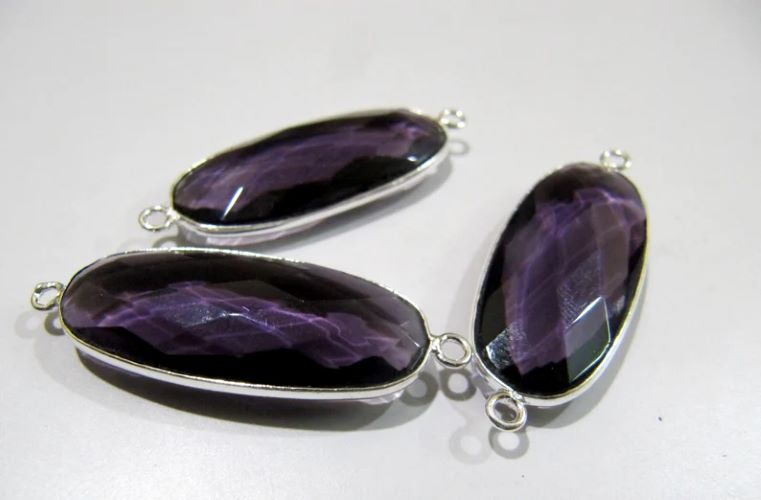 2 Pcs Set Amethyst Oval Shape 14x30mm Briolette Connectors Hydro Quartz Amethyst Double Loop Bezel Charms 