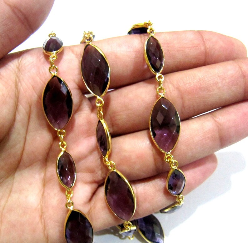 Amethyst Marquise Shape Laser Cut Briolette Connector Chain Gold Plated Sold Per Foot 