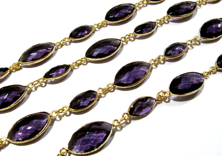 Amethyst Marquise Shape Laser Cut Briolette Connector Chain Gold Plated Sold Per Foot 