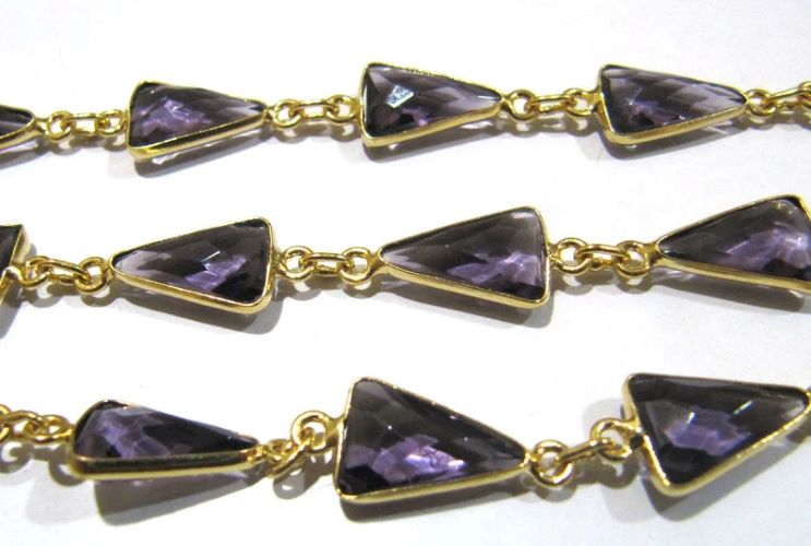 Amethyst Quartz Trillion Shape Briolette Faceted Bezel Connector Chain 9x13mm Sold Per Foot High Quality Wholesale Prices