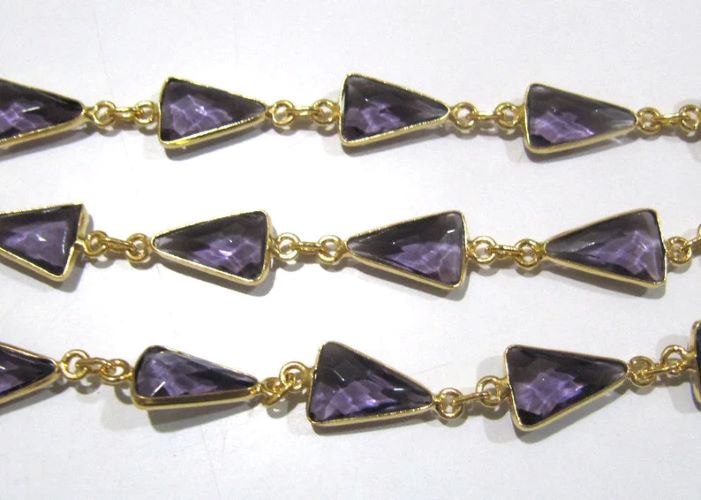 Amethyst Quartz Trillion Shape Briolette Faceted Bezel Connector Chain 9x13mm Sold Per Foot High Quality Wholesale Prices