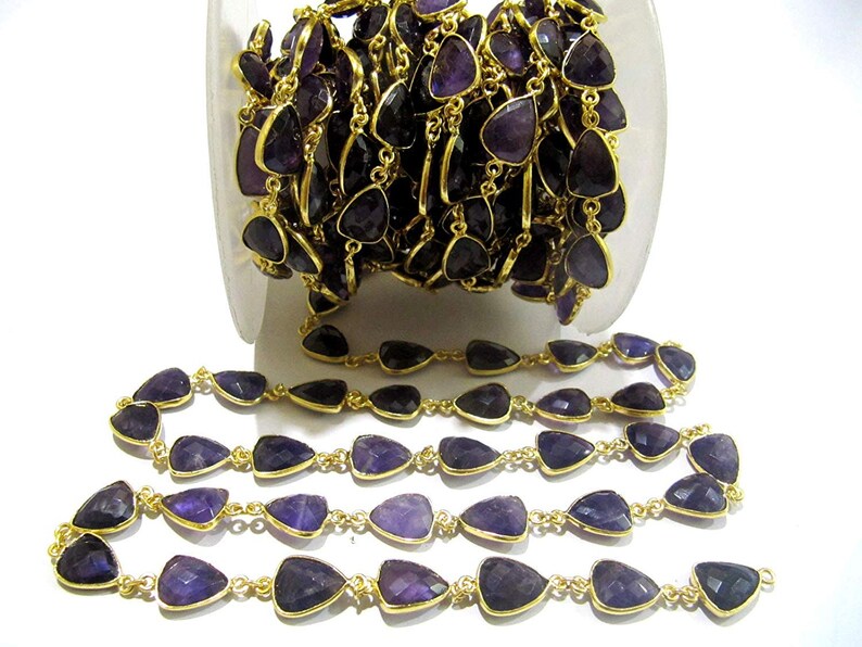 Natural Amethyst Trillion Shape Briolette Faceted Bezel Connector Chain 10x13mm Gold Plated Sold Per Foot