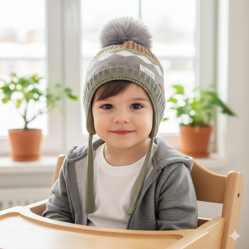 Children Warm Pom Winter Hat with Earflap Blue