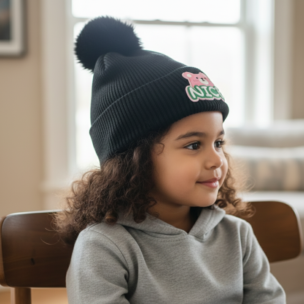 Kids Knitted Beanie Cap With Pom Pom