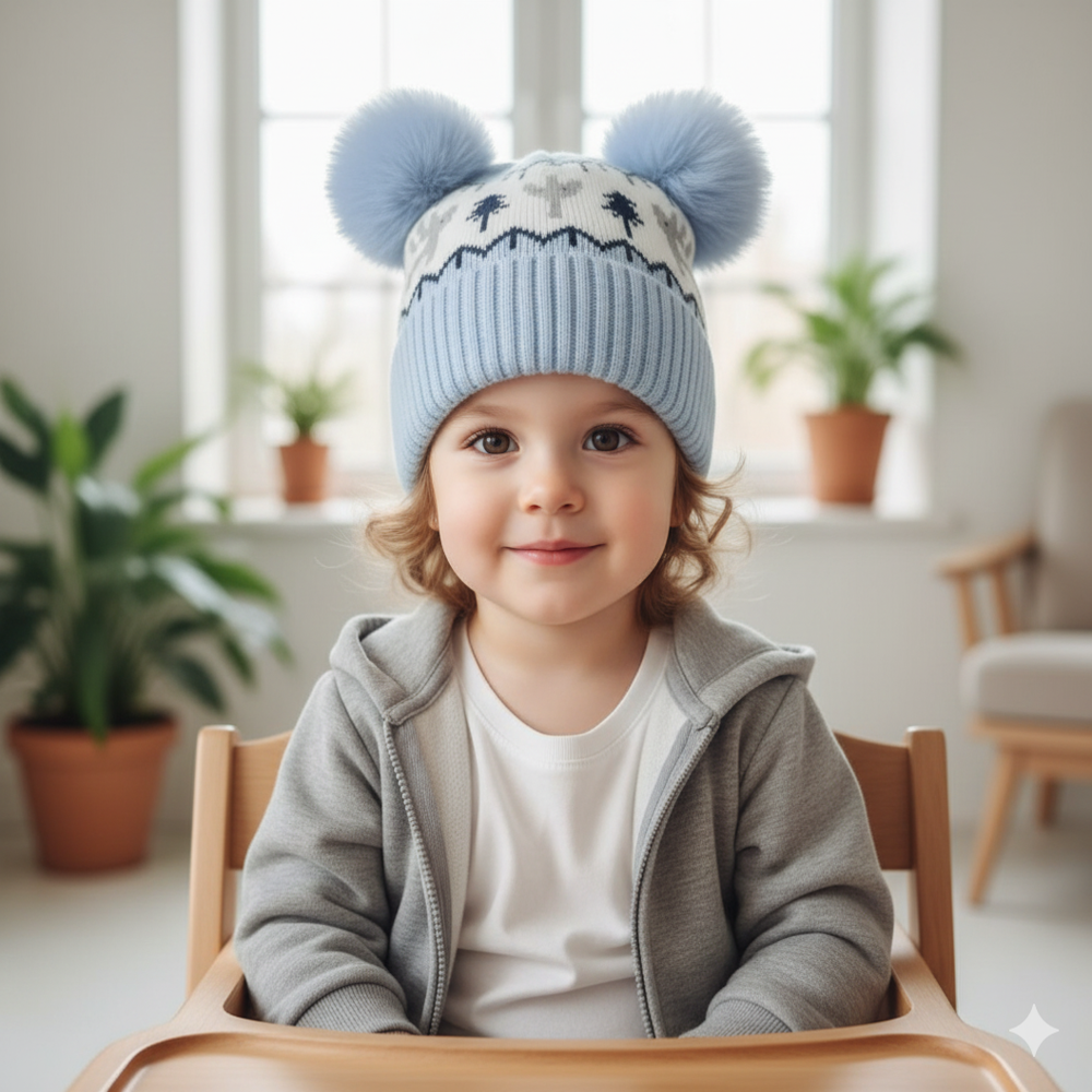 Kids Woolen Beanie With Double Pompom