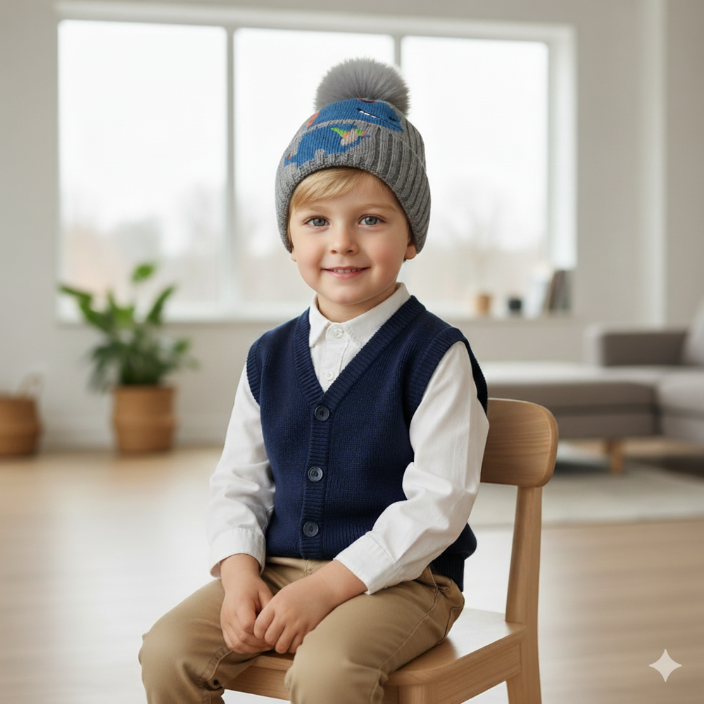 Kids Self Design Woolen Beanie Cap