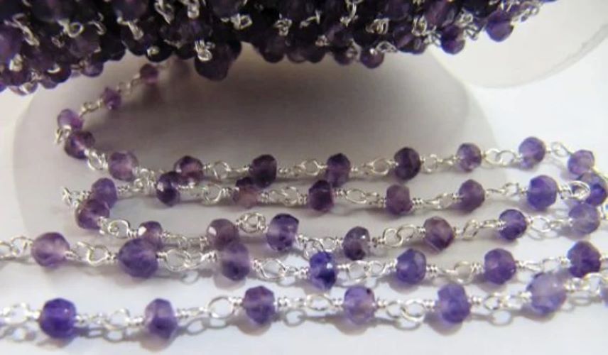 Amethyst Rondelle Beaded Rosary Chain: 3-4mm Faceted Gemstone, 3-Foot