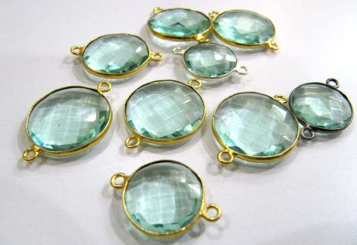 Green Amethyst Quartz Round Coin Shape 19mm Briolette Faceted Double Loop Bezel 