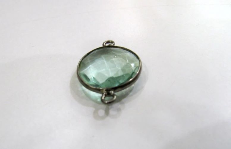 Green Amethyst Quartz Round Coin Shape 19mm Briolette Faceted Double Loop Bezel 
