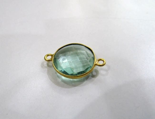 Green Amethyst Quartz Round Coin Shape 19mm Briolette Faceted Double Loop Bezel 