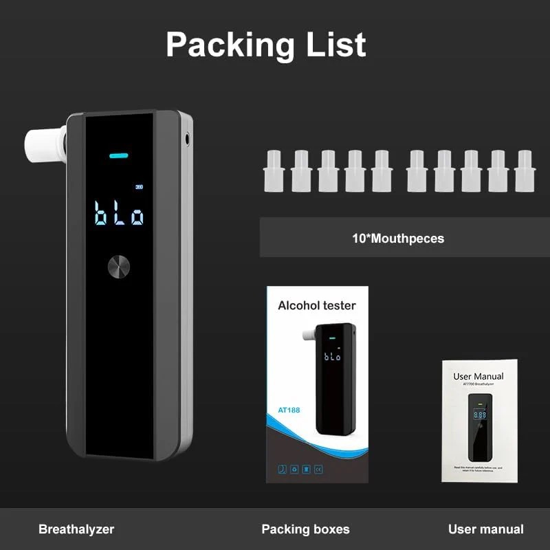 True Sense Breathalyzer AT188 Portable Alcohol Tester LCD Display with with 10 Mouthpieces, AT-10