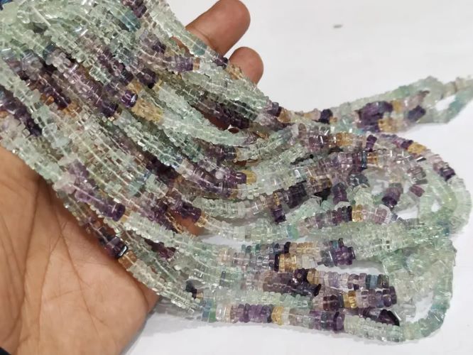 Natural Multi Fluorite Heishi Cut 4mm Square Beads Sold Per Strand 8 inches Long